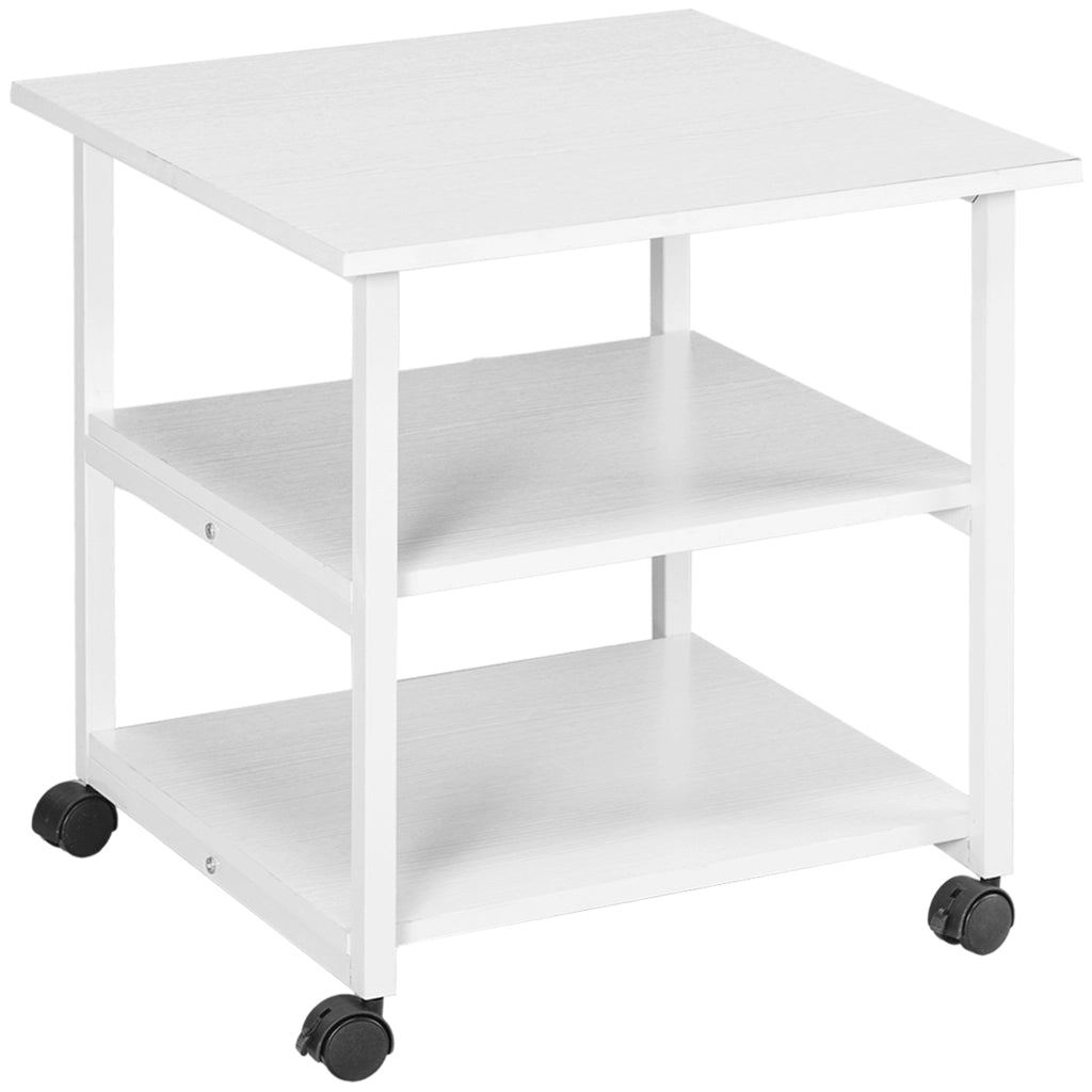 Carrello Porta Stampante a 3 Ripiani con 4 Ruote. Legno e Acciaio. 50x50x52.5cm. Bianco