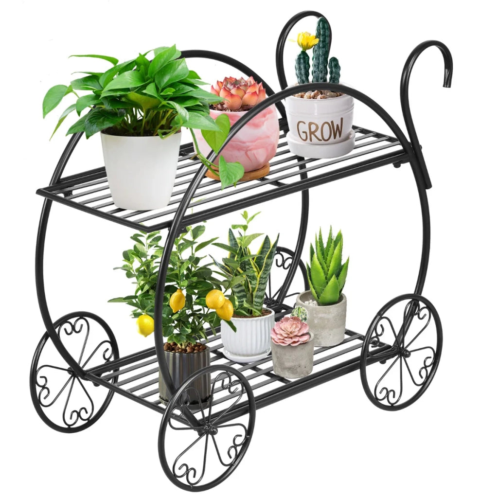Mensola portafiori in metallo nero 60 x 35 x 66 cm per piante e libri con 4 ruote decorative stile parigino 20_0019506
