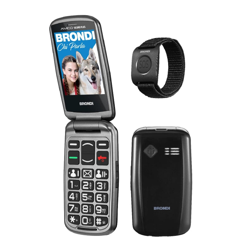 BRONDI AMICO SICURO PLUS (NERO) - TELEFONO CELLULARE PER ANZIANI - TASTO SOS - CONTROLLO REMOTO - ANNUNCIO VOCALE - BASE DI RICARICA
