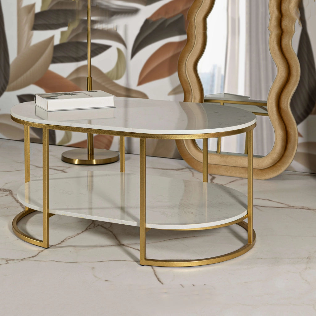 Bafarane, Tavolino da Salotto Forma Ovale, 90x60x45h cm Bianco Marmo