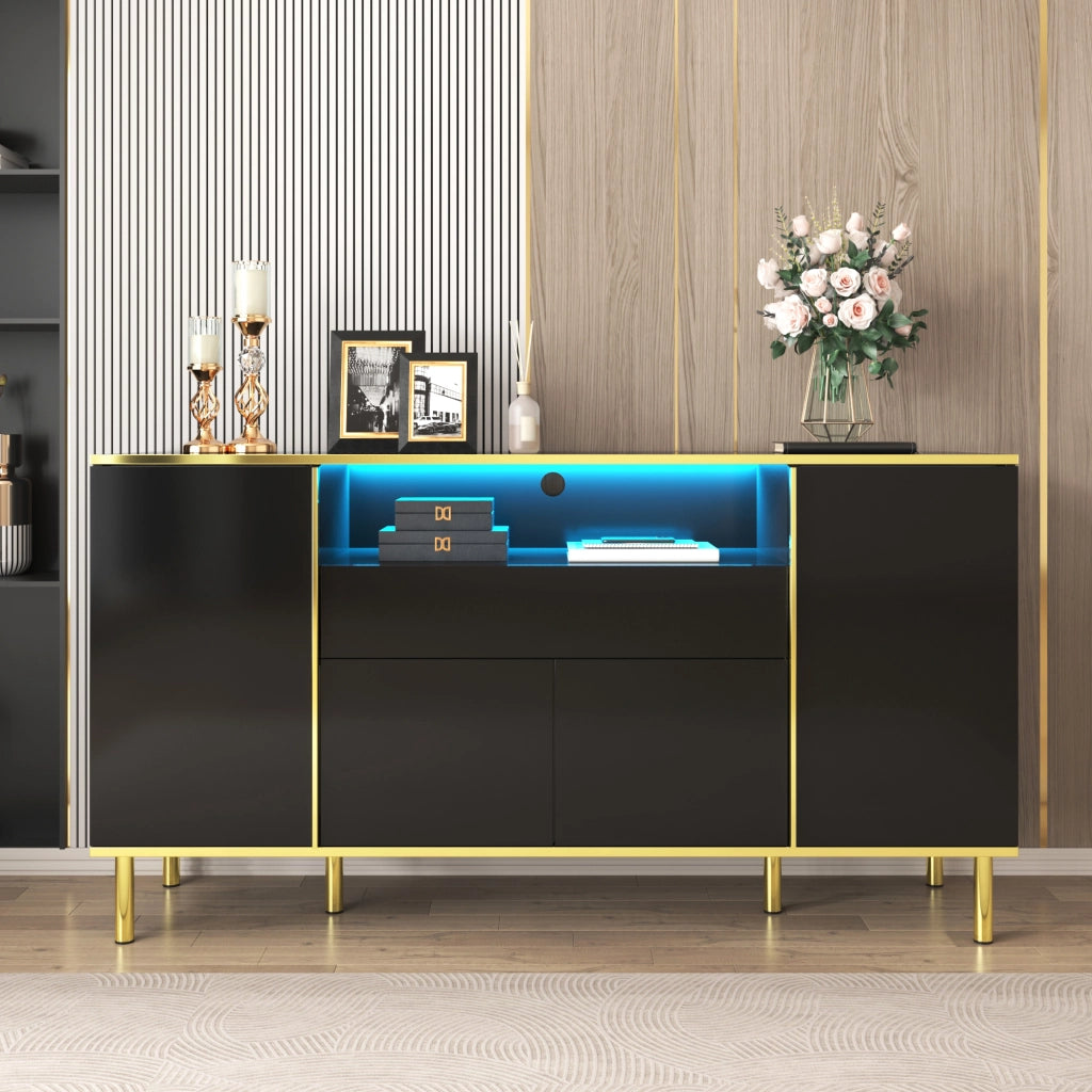 Sideboard nero lucido con 1 cassetto, 150x40x80 cm