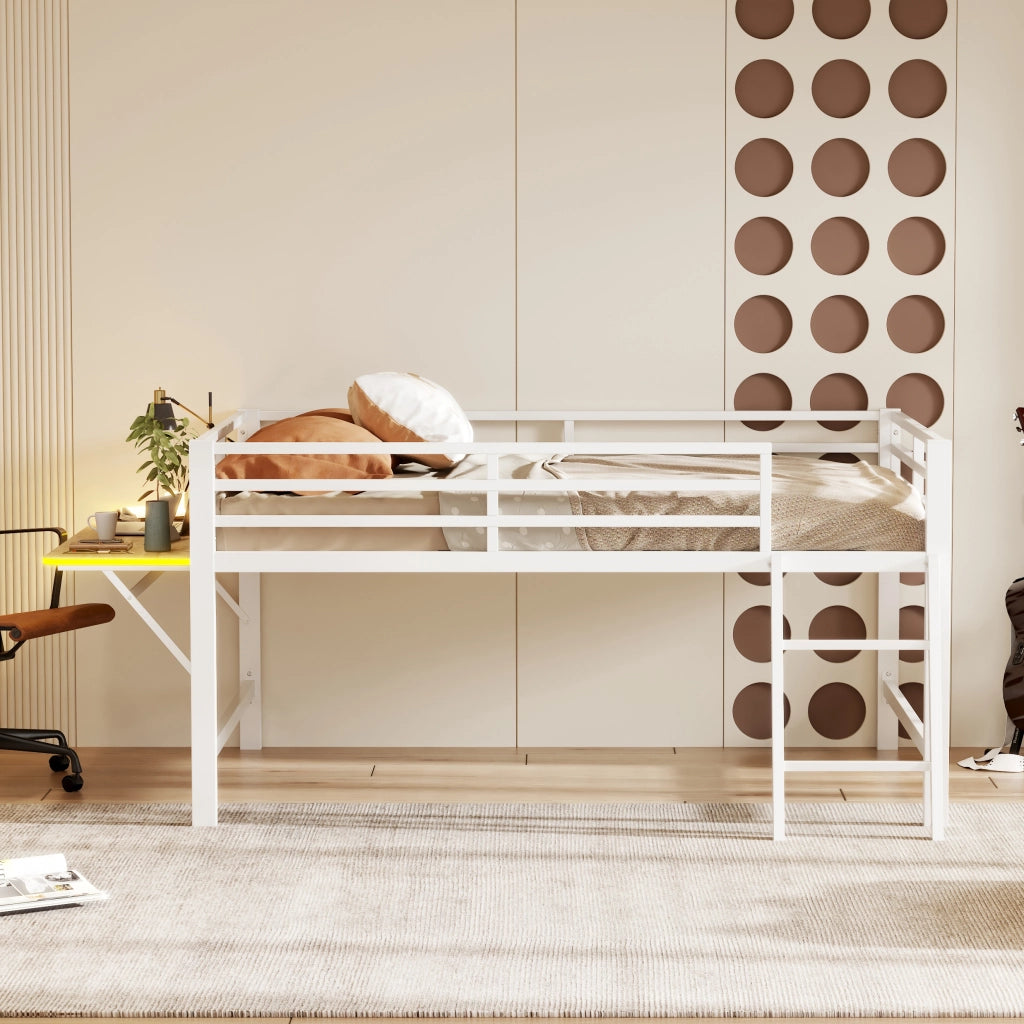 Letto a soppalco 140 × 200 cm con scrivania pieghevole, LED, sponde e scala, senza materasso, bianco