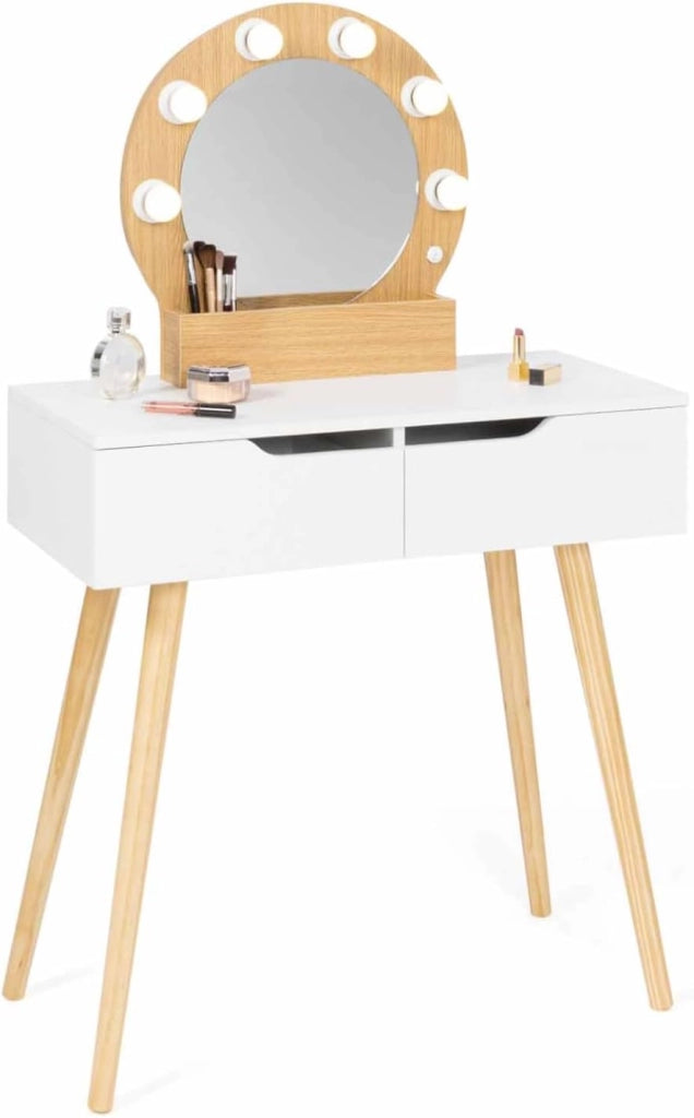 Toeletta con specchio e 2 cassetti scandinavo in legno e bianco con specchio HORIA