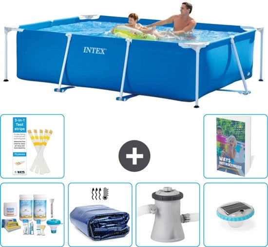 Piscina Reclinabile a Forma di Rettilineo - 260 x 160 x 65 cm - Blu - Incluso Kit di Manutenzione - Ombrellone Solare - Pompaggio Filtro Piscina - Illuminazione - 7 pezzi