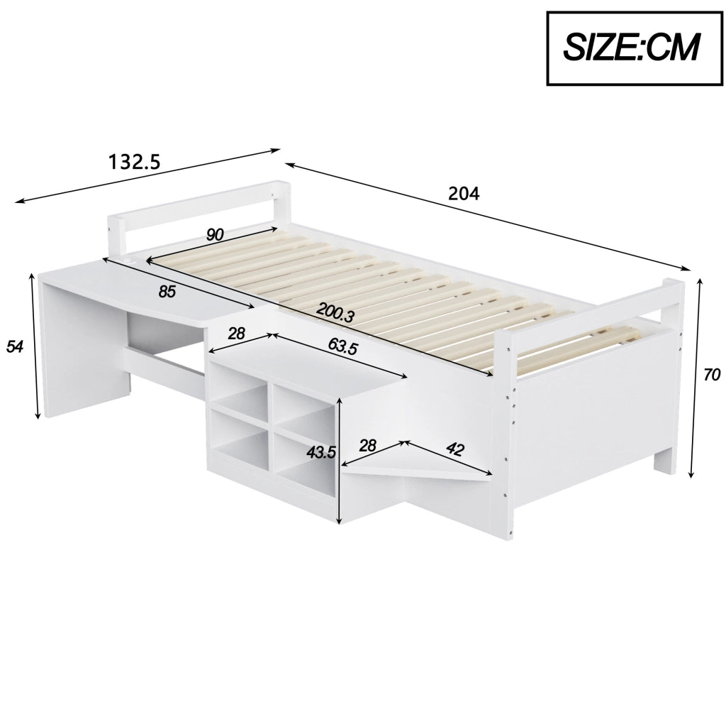 Letto singolo multifunzione 90x200 cm con scrivania; vani contenitore e prese USB; bianco