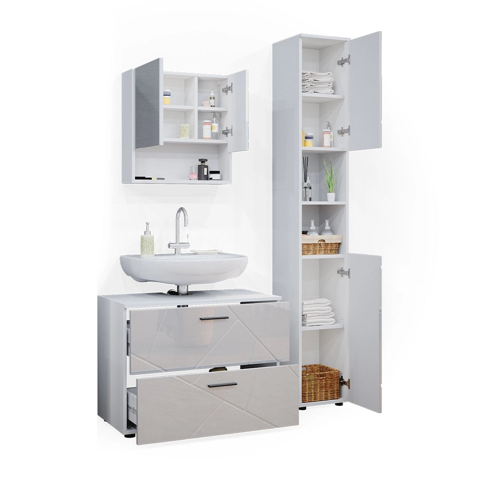 Vicco Set mobili bagno Bianco lucido 3 parti, con cassettiera e colonna