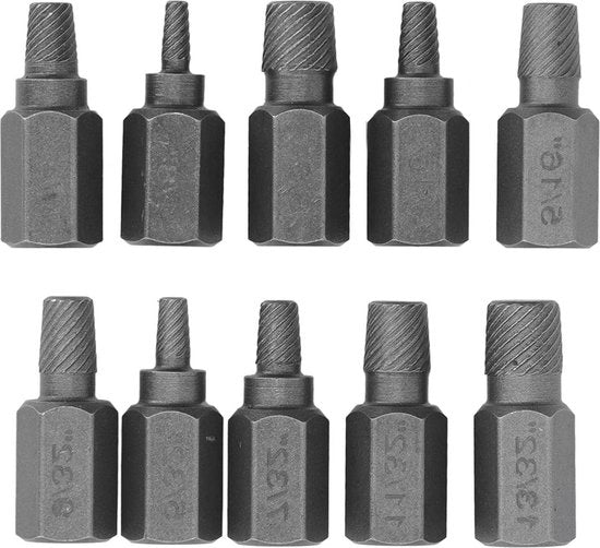 Set di 10 estrattori per viti danneggiate - 1/4 pollici e 9/32 pollici - attrezzo per rimozione viti con chiusura in acciaio.
