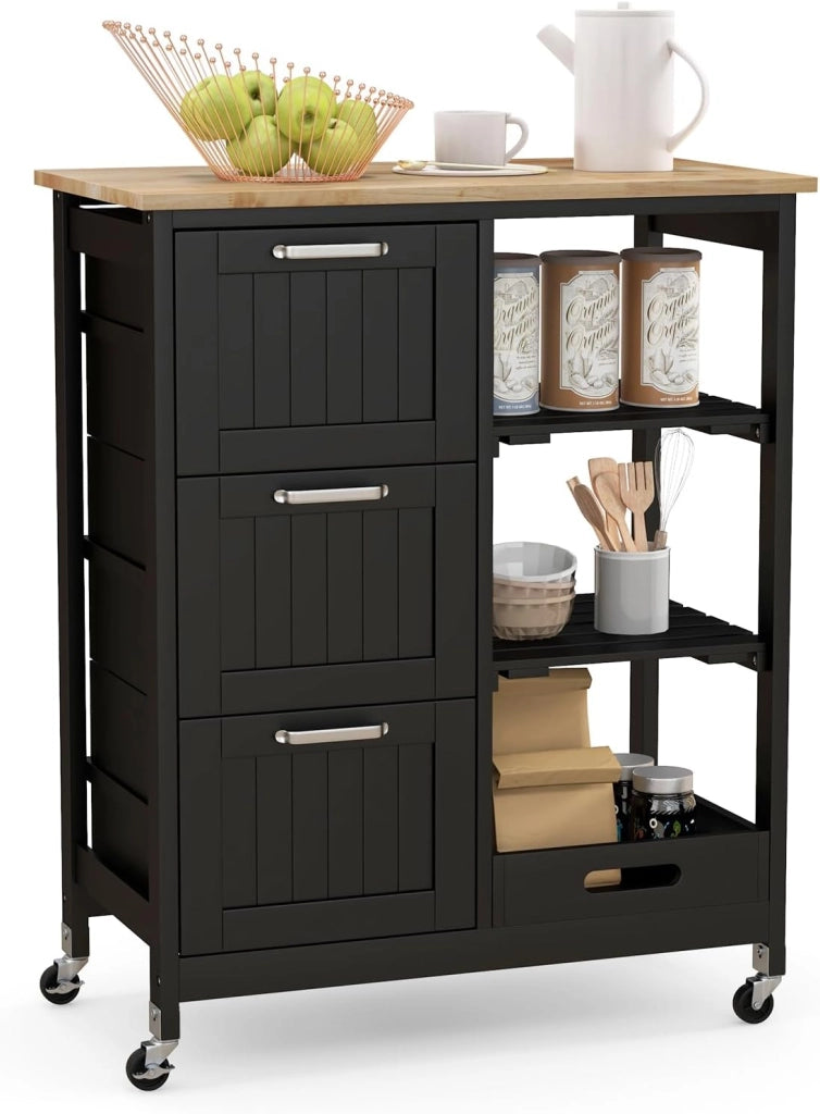 Carrello di Servizio con 4 Ripiani, Scaffale da Cucina con Rotelle, Mobiletto Cucina Salvaspazio con 3 Grandi Cassetti, 67x37x83,5 cm, 2 Colori (nero)