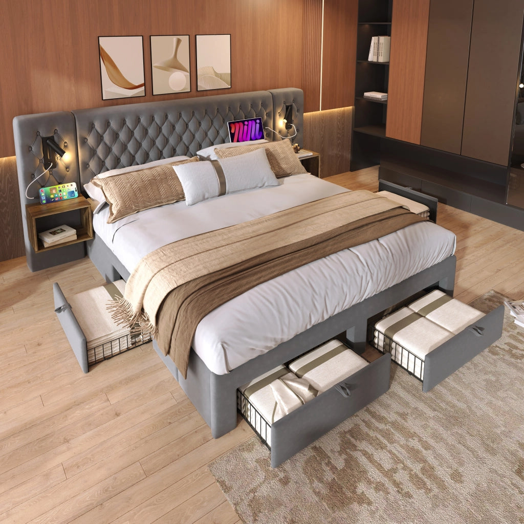 Letto matrimoniale 180 × 200 cm con 2 comodini, 4 cassetti, lampada da lettura e USB, senza materasso, velluto grigio