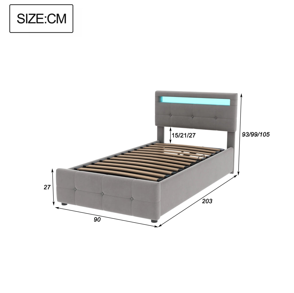 Letto imbottito 90x200 cm con LED, contenitore idraulico e velluto grigio