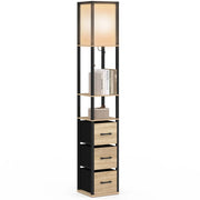 IDMarket - Lampada da terra industriale in legno nero con ripiani in legno chiaro, 3 cassetti in tessuto UTAH e paralume quadrato bianco