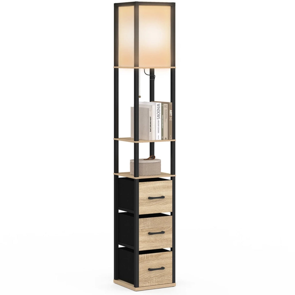 IDMarket - Lampada da terra industriale in legno nero con ripiani in legno chiaro, 3 cassetti in tessuto UTAH e paralume quadrato bianco