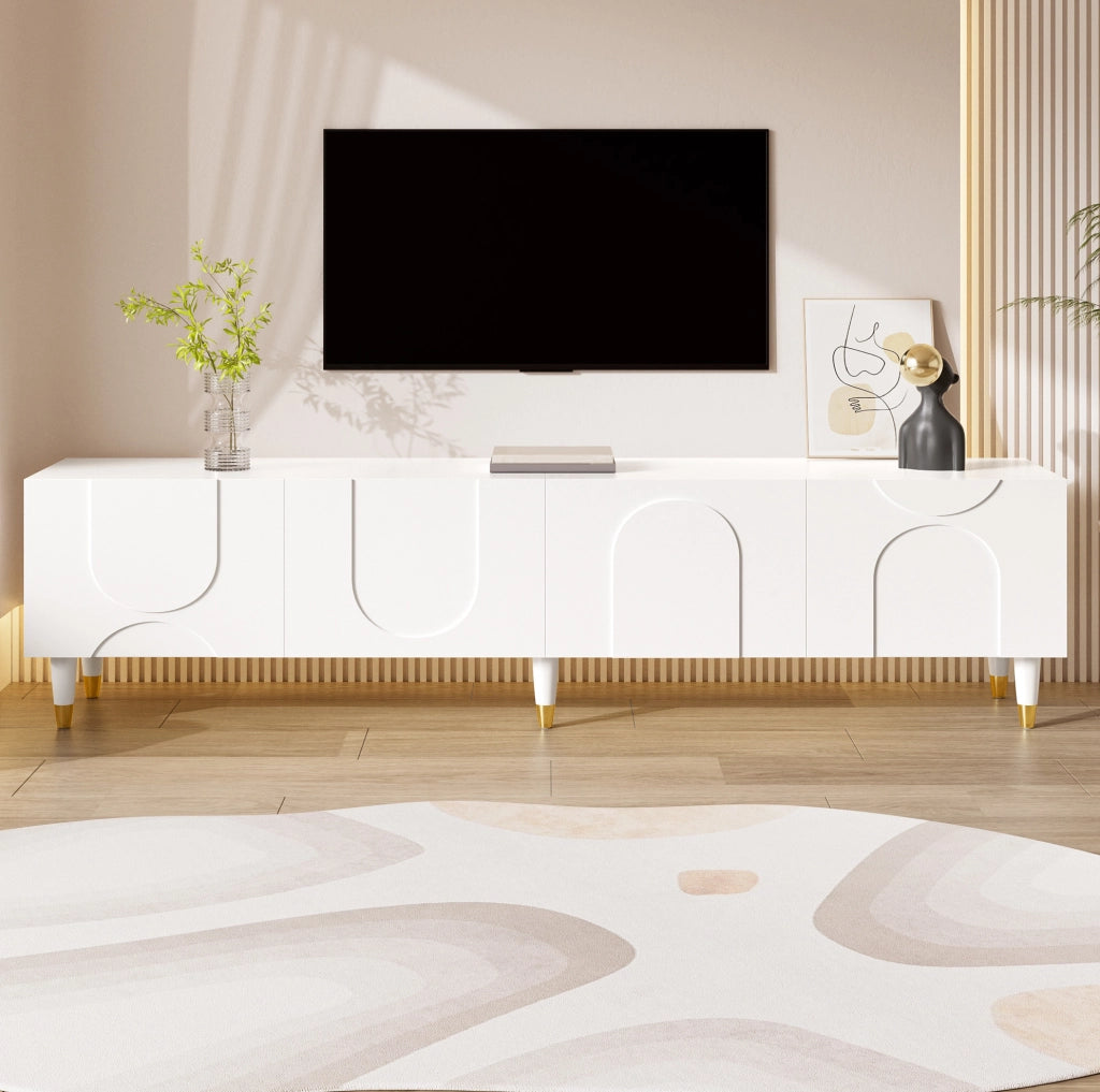 Mobile TV 180x40x50 cm con ante a rilievo ad arco asimmetrico in MDF e truciolare bianco