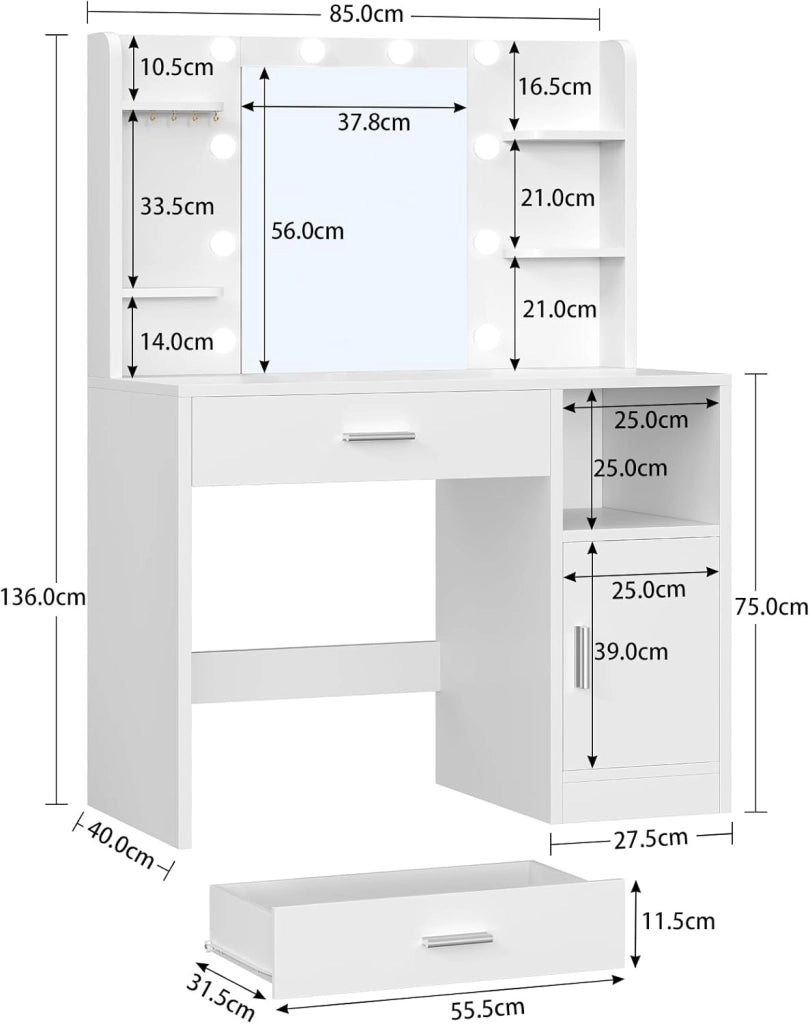 Toeletta da Trucco,Toeletta con Specchio Grande, Luci LED,3 Colori, Luminosità Regolabile,Postazione Trucco con 4 Ripiani Aperti, 5 Ganci per Gioielli,Armadietti,Moderno, Bianco