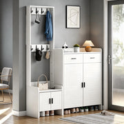 Garderobiera 125x36x165 cm con 8 ganci; 2 ante; 2 cassetti e 6 ripiani in MDF e truciolato bianco