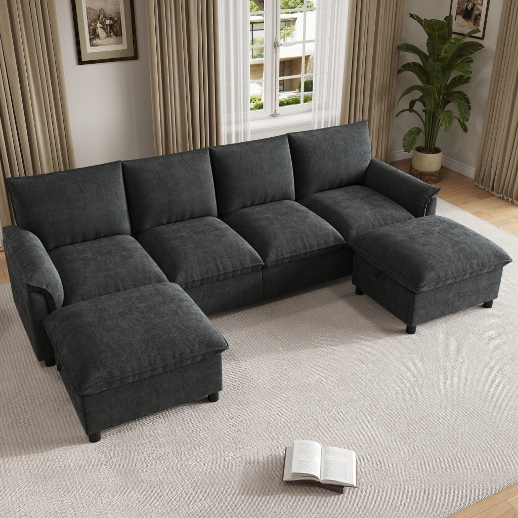 Divano con 2 pouf contenitore in ciniglia nero; 264;5x142;5x84 cm