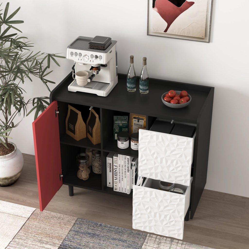 Credenza con 2 Cassetti; 2 Vani a Giorno e 2 Ante; Stile Moderno; in MDF; Nero e Rosso; 90??40??80 cm