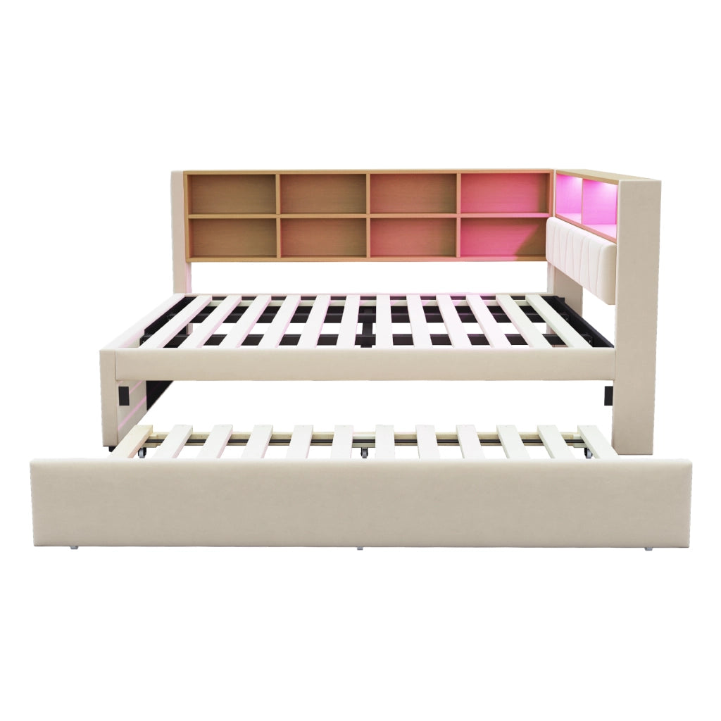 Letto estraibile matrimoniale 140×200 cm e 90×190 cm con LED; USB; Type-C e vani portaoggetti; senza materasso; beige