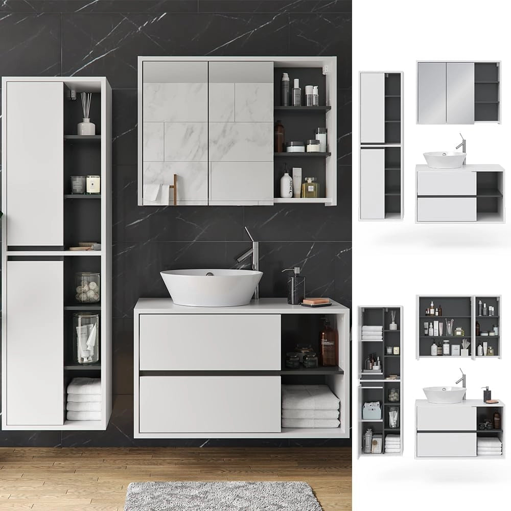 Set mobili bagno Viola, Bianco, 100 cm, composto da mobile sottolavabo, specchiera e colonna alta