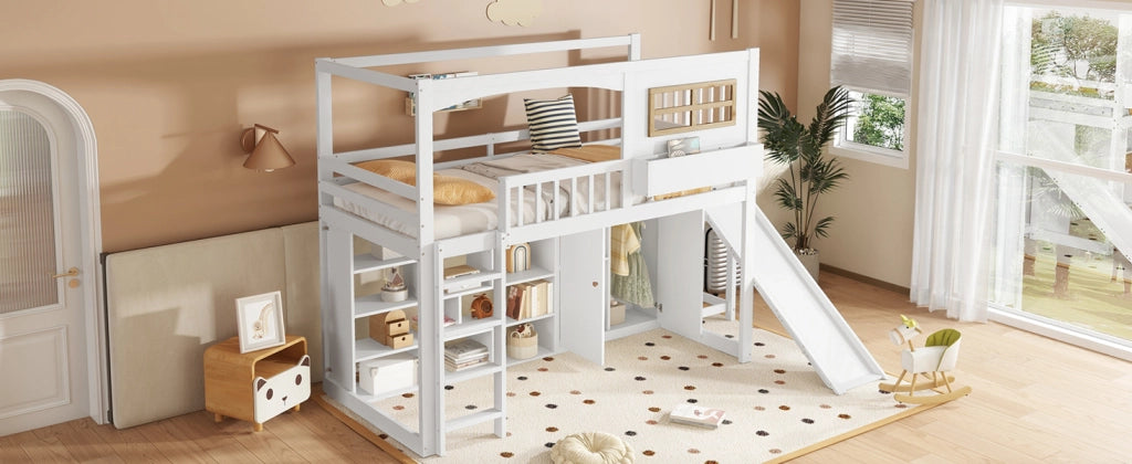 DESMIU Letto a castello 1 posto con scivolo, armadio e scaffali 90 × 200 cm, senza materasso, bianco e naturale