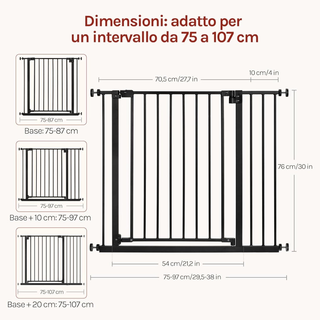 Cancelletto per Bambini in Metallo, Cancello per Scale e Porte 75-97 cm, per Cani, Apertura Bidirezionale, Chiusura Doppia, Montaggio con o senza Fori, Nero
