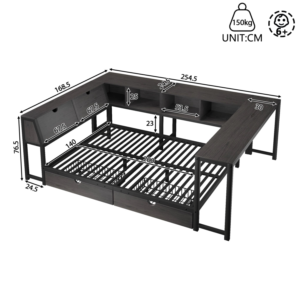 Letto matrimoniale 140 × 200 cm 2 posti con 2 cassetti, LED multicolore e scrivania, senza materasso, nero