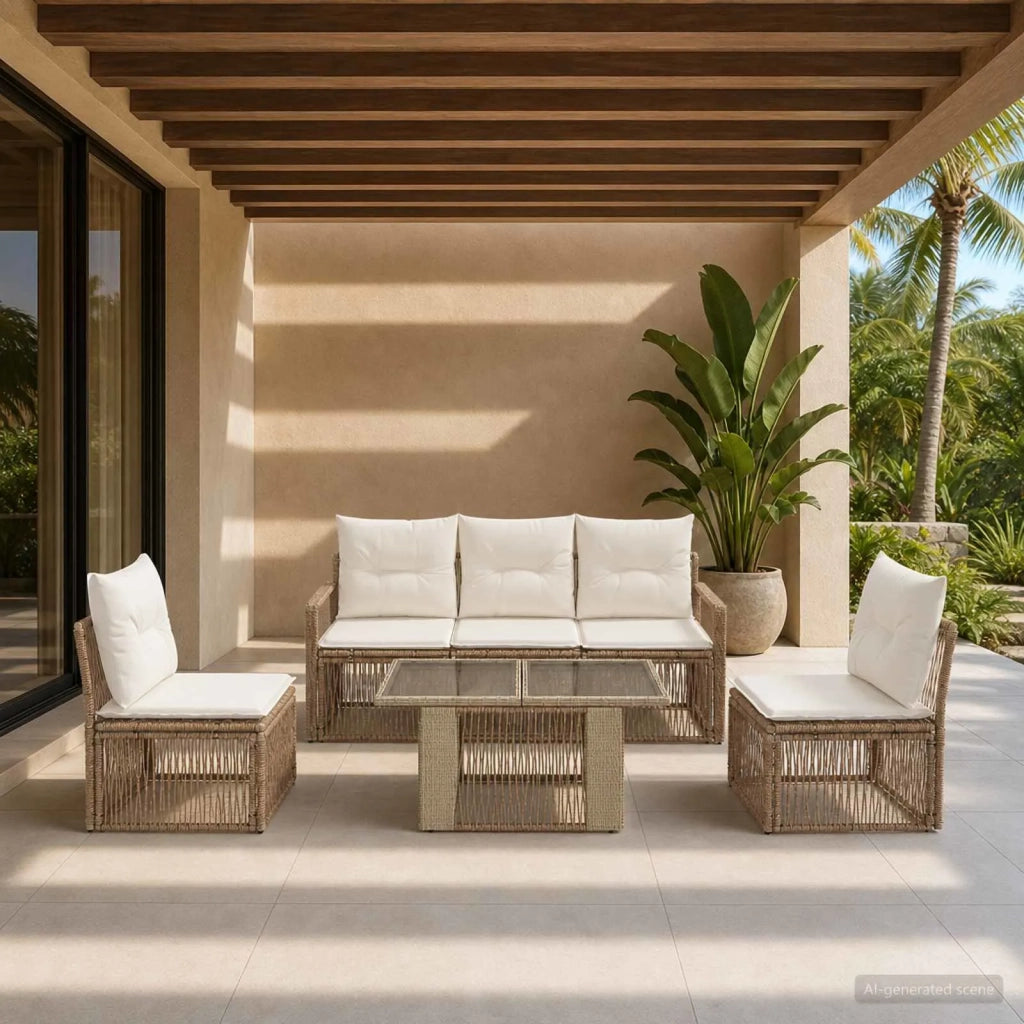 Set Divano da Giardino 6 pz Beige e Bianco Crema polyrattan 3437076