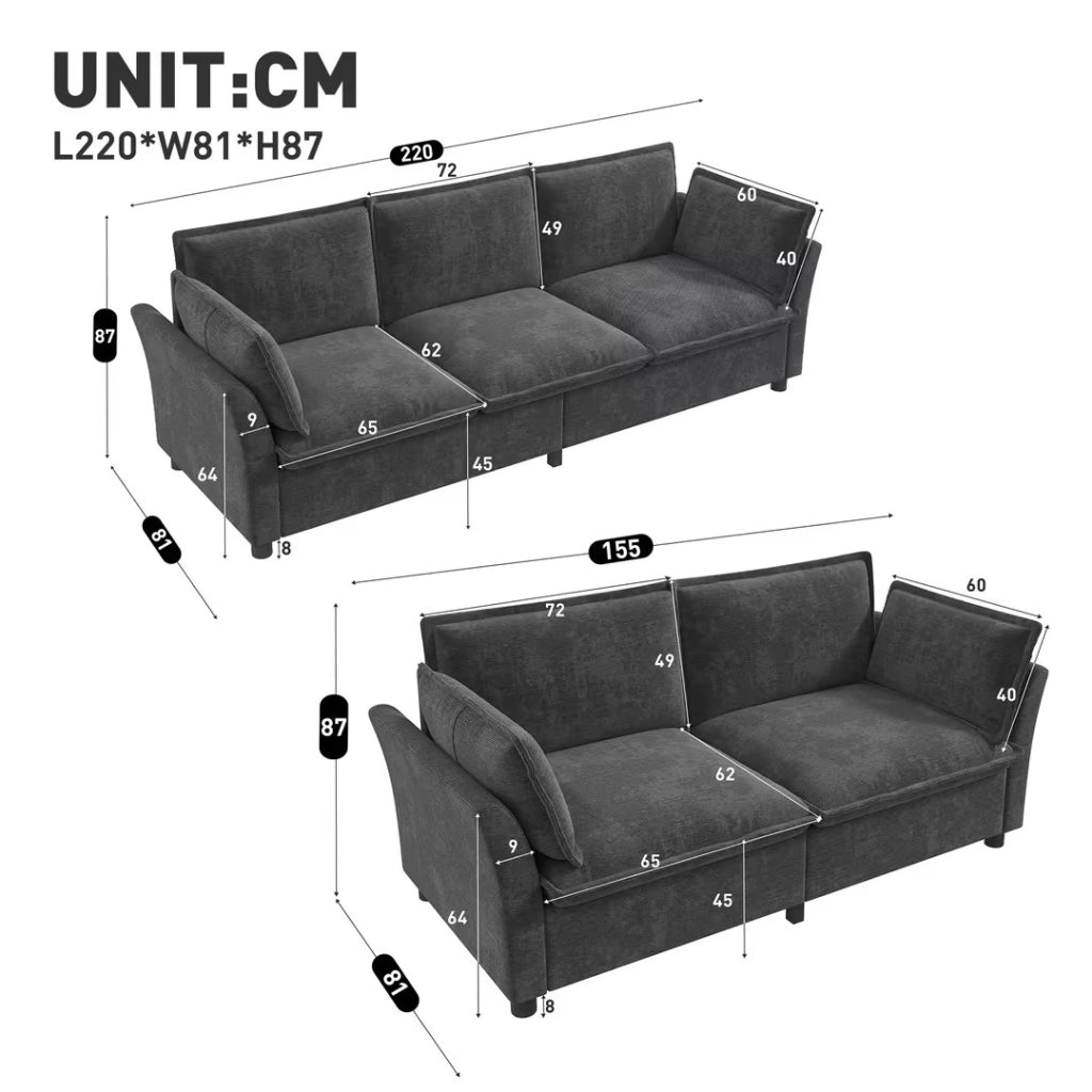 Divano modulare 3 e 2 posti con seduta ampia e braccioli ergonomici per soggiorno e lounge in chenille grigio