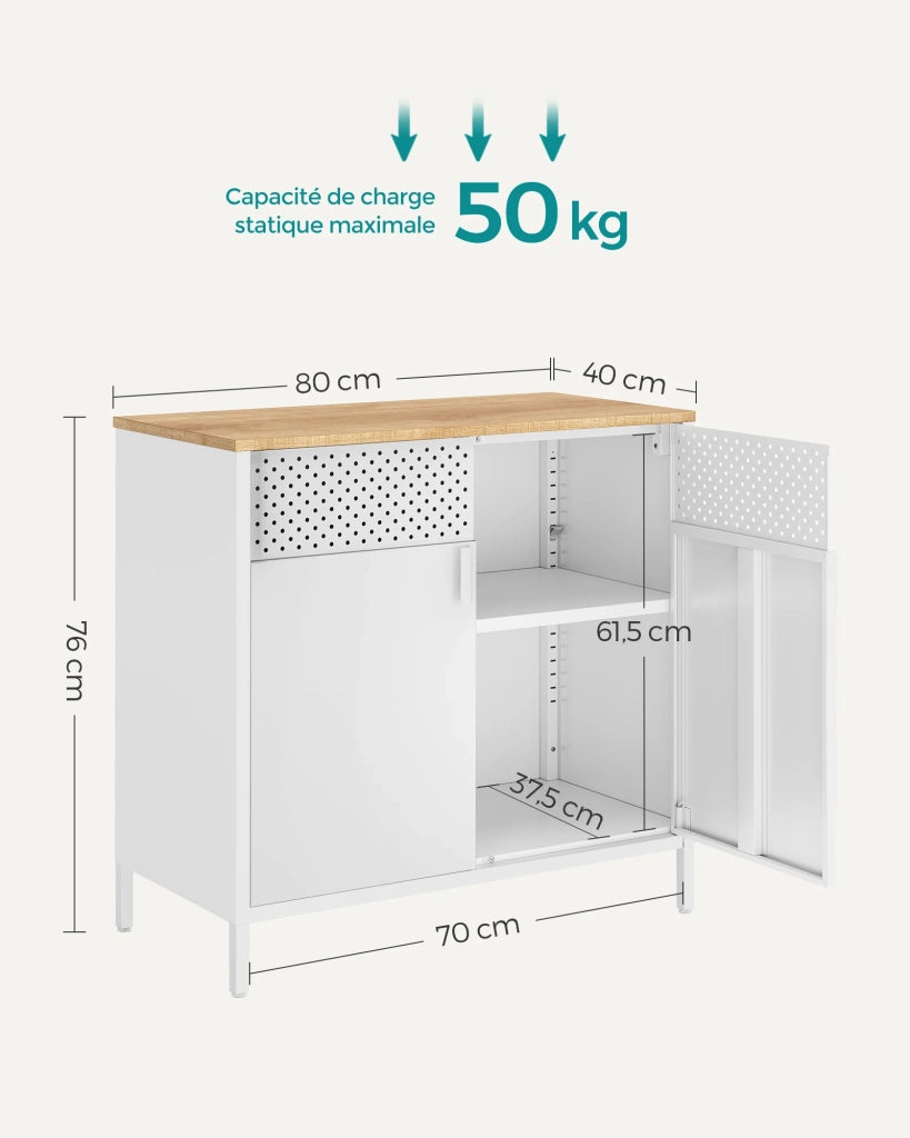 Mobile contenitore/credenza 40 x 80 x 76 cm con doppie ante magnetiche e ripiano regolabile per sala da pranzo soggiorno cucina ingresso struttura in acciaio stile industriale bianco 12_0006434