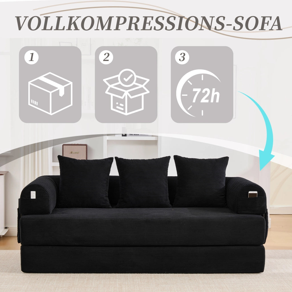 DIVANO modulare 200x94x67 cm in velluto a coste nero con 3 cuscini