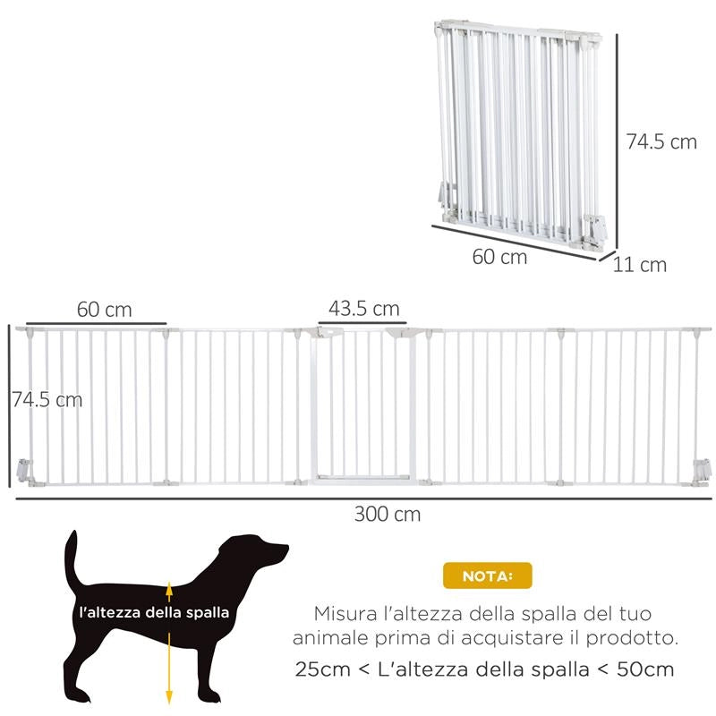 CANCELLINO PER CANI REGOLABILE E PIEGHEVOLE CON CHIUSURA AUTOMATICA E BLOCCO, 300X74.5 CM, BIANCO