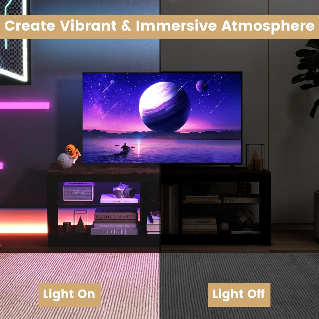 Mobile Porta TV con Luci LED, Supporto per TV fino a 65" con Ripiani di Vetro Temperato Regolabili e Telecomando, Mobile TV per Soggiorno, Studio, Camera da Letto, 140 x 35 x 47 cm