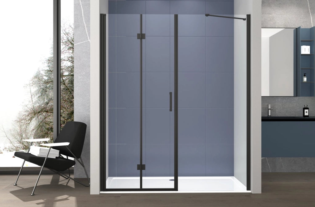 Box doccia Angolare 90x120 cm porta a soffietto + fisso H200 cm cristallo 6 mm profilo NERO OPACO ZAIRA