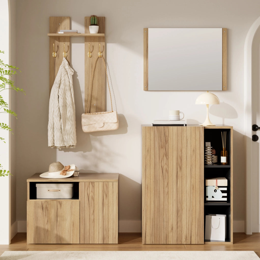 Set mobili ingresso 4 in 1 con specchio; appendiabiti; scarpiera e panca 120x35x123 cm nero/naturale HOMVRA