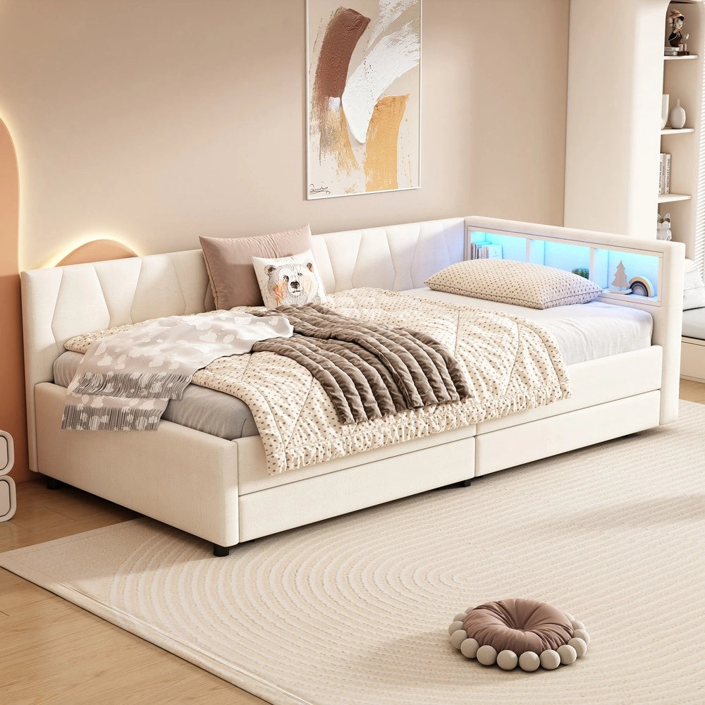 Divano Letto con Cassetti e LED ¨C MINIMAL ¨C Lino Beige 90x200