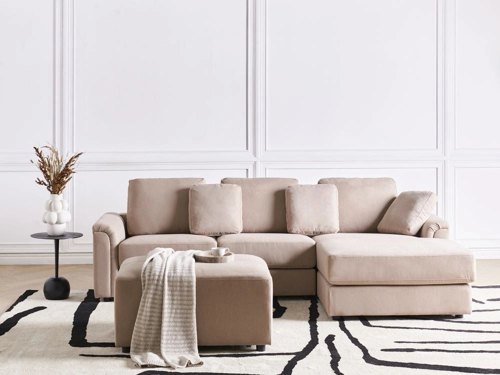 Divano stile moderno ad angolo con pouf in tessuto tortora lato sinistro