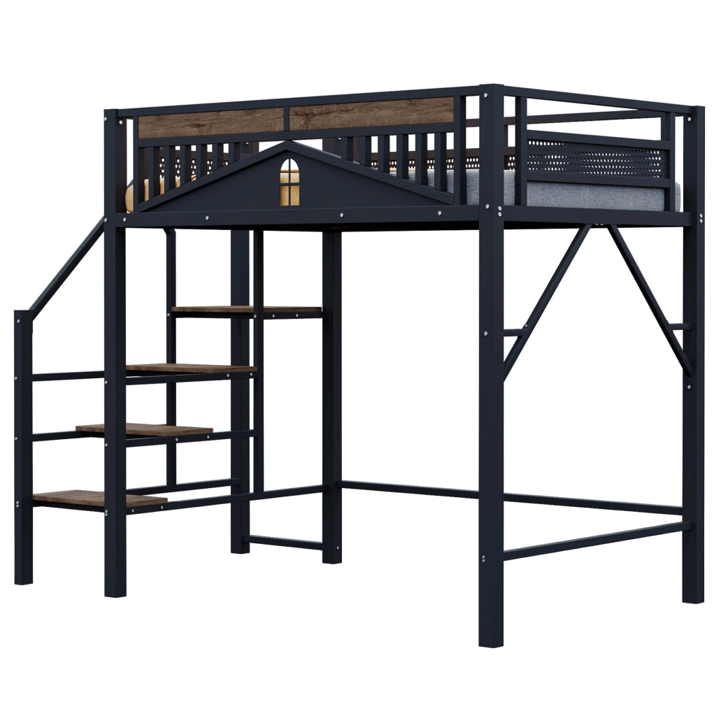 Letto a soppalco in metallo 140x200 cm con scala laterale e spazio contenitivo; nero
