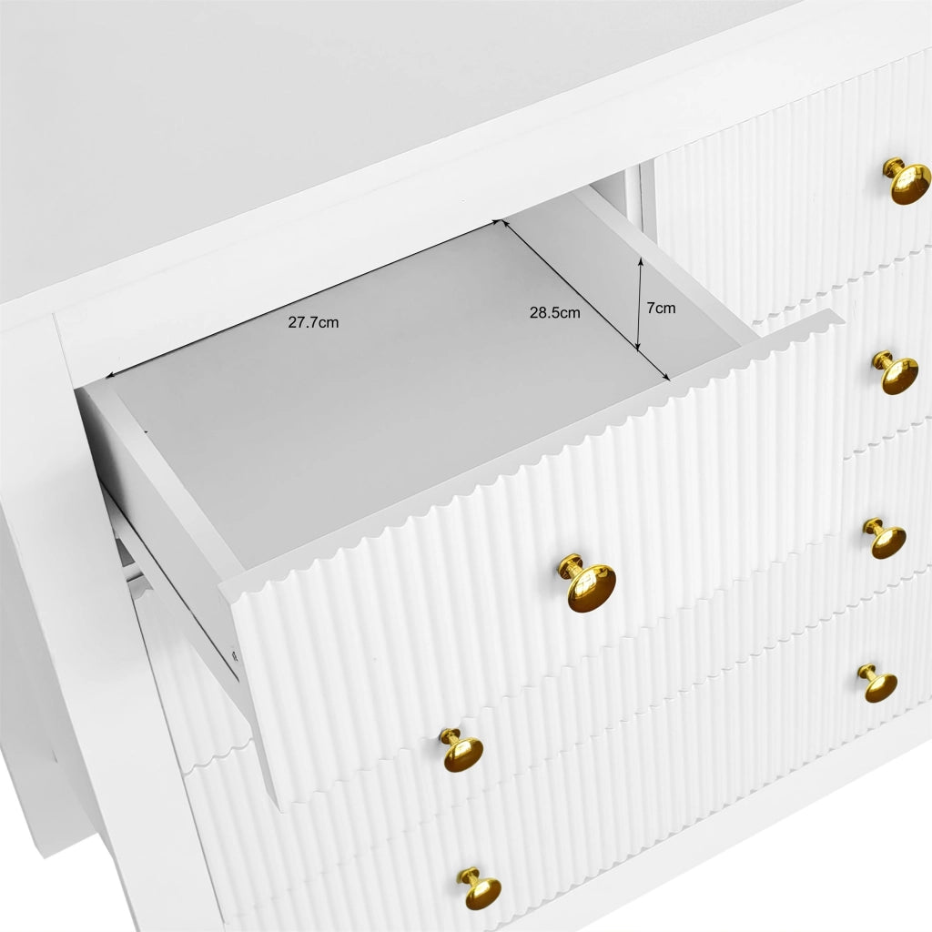 Comò con 5 cassetti e superficie strutturata, maniglie dorate, pannello truciolare bianco, 79 × 80,5 × 39,5 cm