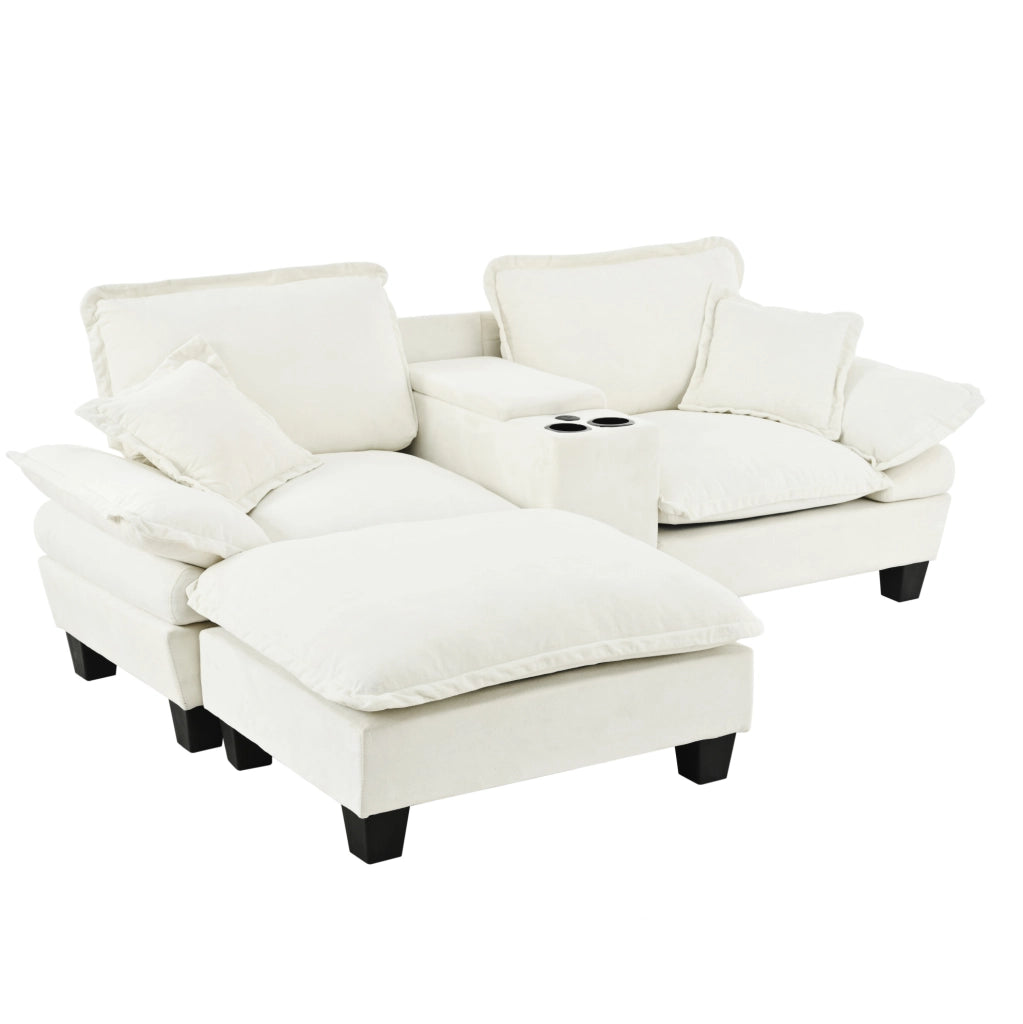 Divano modulare Cloud a forma di L in chenille beige con porta bicchieri, USB, pouf e cuscini