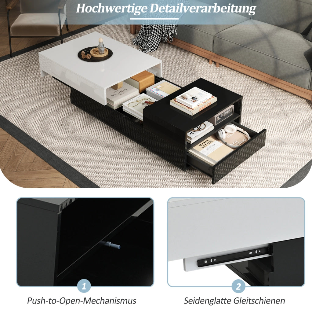 Tavolino da salotto rettangolare 100 x 50 x 38 cm in truciolare bianco e nero; con 2 cassetti