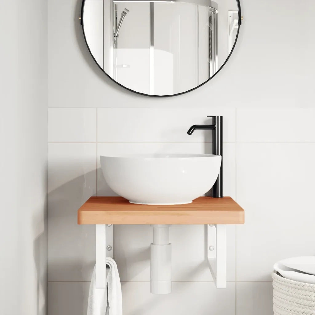 Ripiano a Parete per Lavabo in Acciaio e Massello di Faggio 3302428
