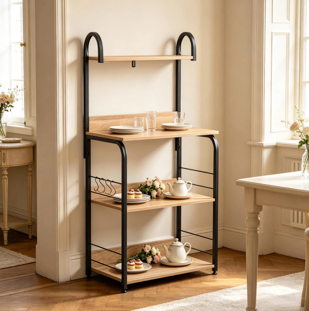 Scaffale da cucina a 4 livelli con ganci, nero e legno naturale