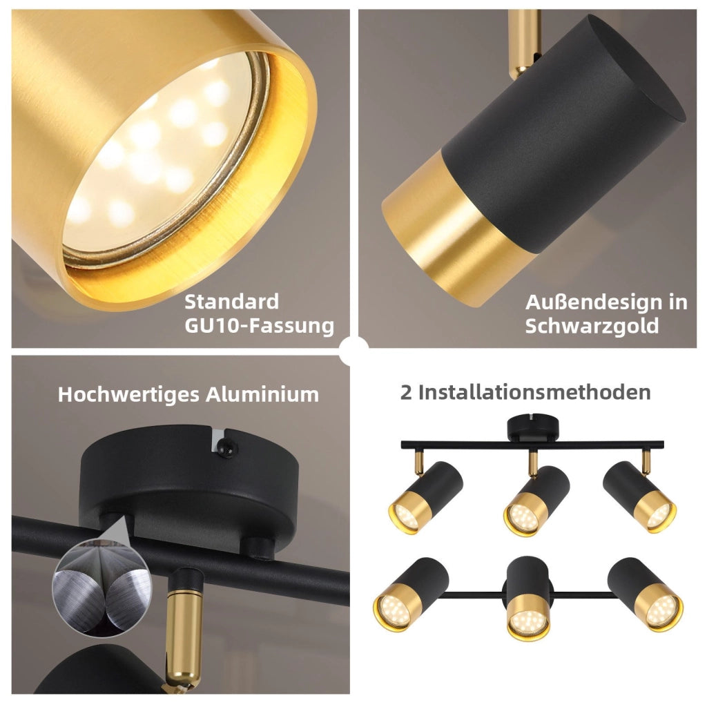 ZMH Faretto da soffitto 3 fiamme GU10 nero oro moderni per soggiorno