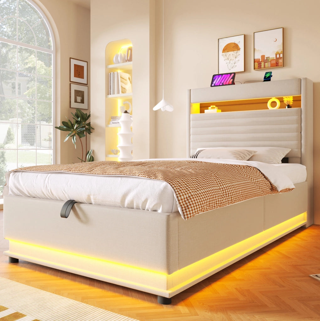 Letto imbottito 90x200 cm con contenitore; LED e ricarica USB Type-C in lino beige