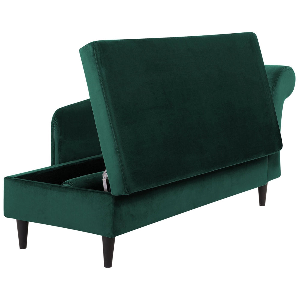 Chaise longue rivestimento in velluto verde con contenitore a versione destra con cuscino