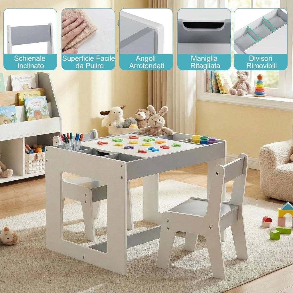 Set Tavolo Multifunzionale per Bambini e 2 Sedie, Tavolo e Sedie in Legno con Piano Doppio Rimovibile, Lavagna Nera & Lavagna Bianca, Compartimenti Laterali con Divisori Staccabili (Grigio)
