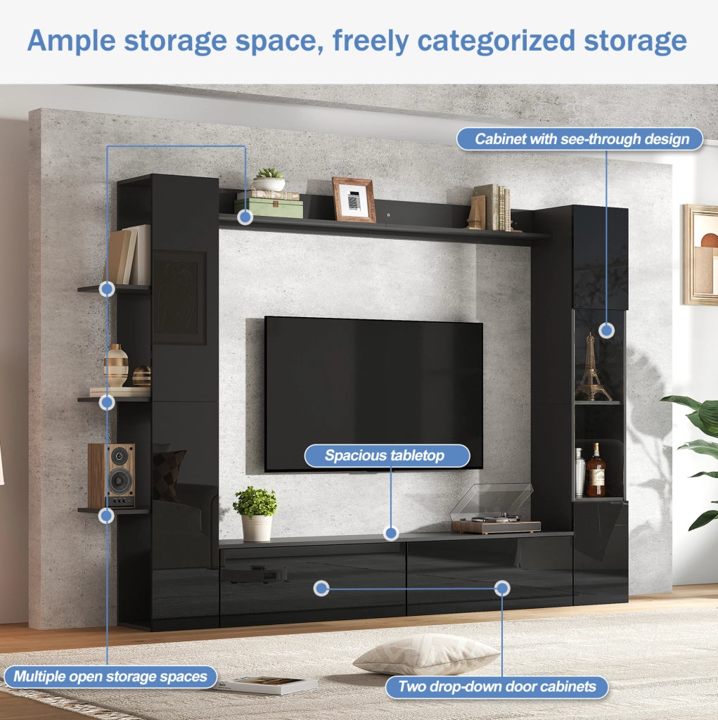 Parete TV con pensile integrato; 245x30x170 cm; MDF; nero