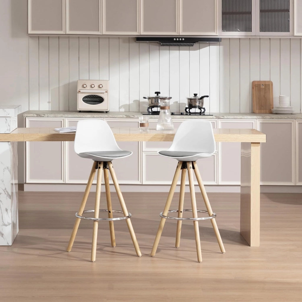 Sgabello da Bar Sedia Cucina in PU Gambe Legno Schienale di Plastica, Grigio-Bianco