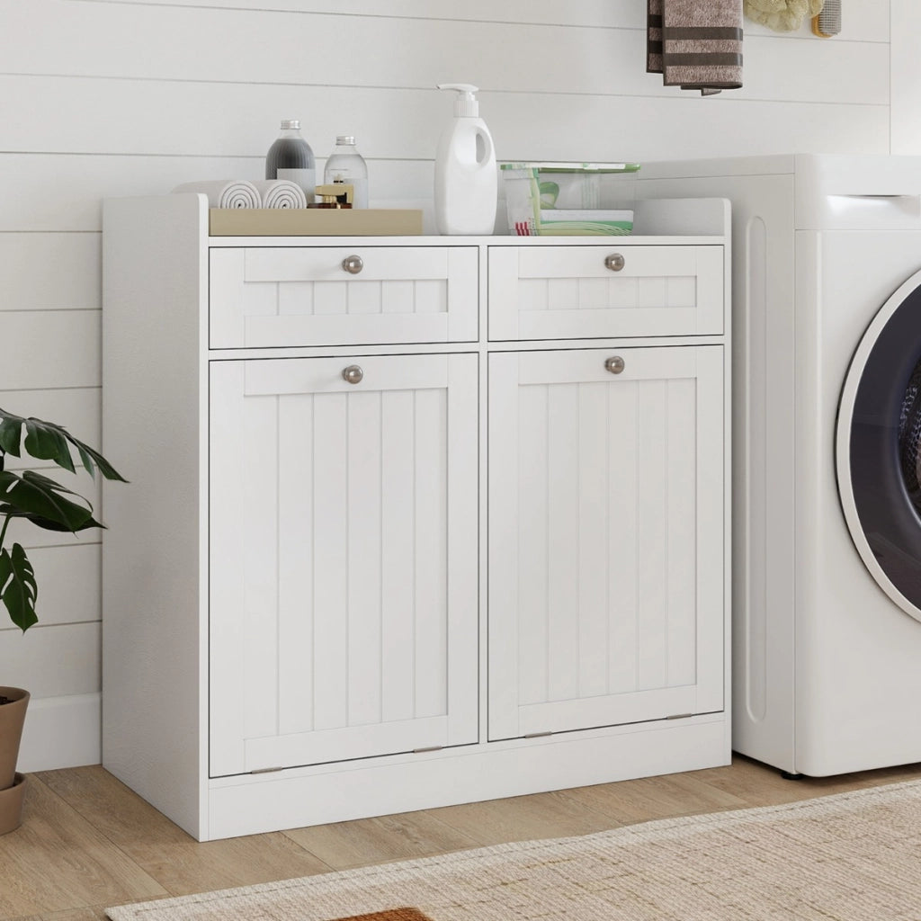 Mobiletto con cesto per biancheria doppio con 2 cesti, Mobiletto con cesto mobile da bagno indipendente Bianco-Cesti del bucato