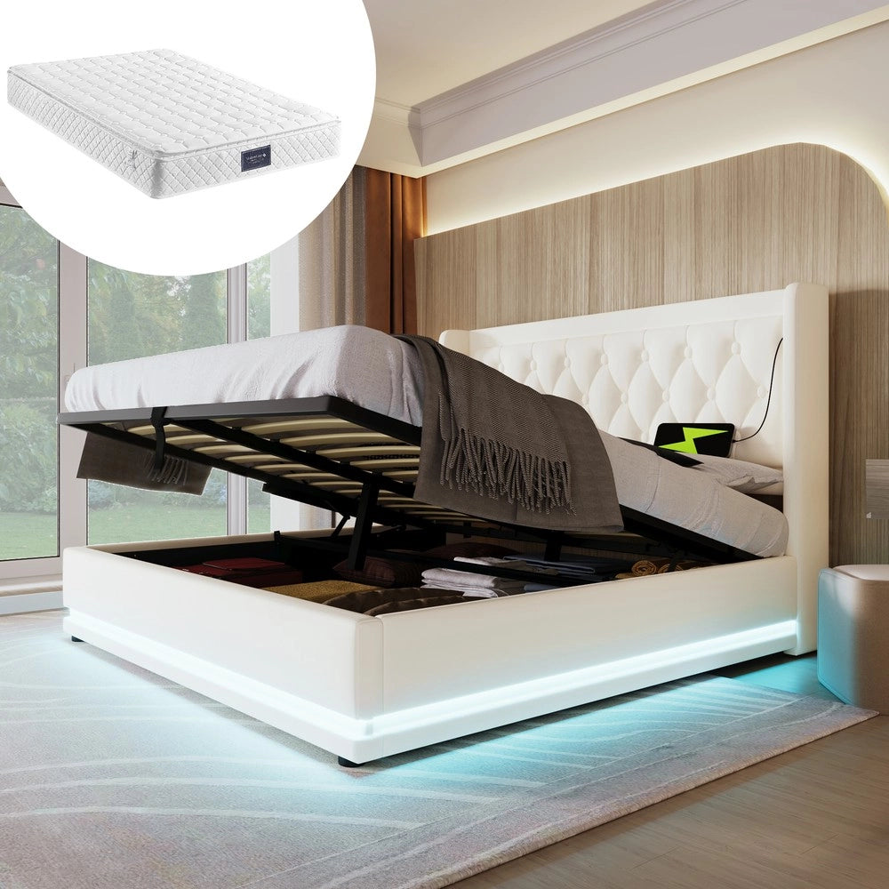 Letto Contenitore Matrimoniale Imbottito con LED e USB ¨C Xylo ¨C Bianco, 140x200, Idraulico, Similpelle